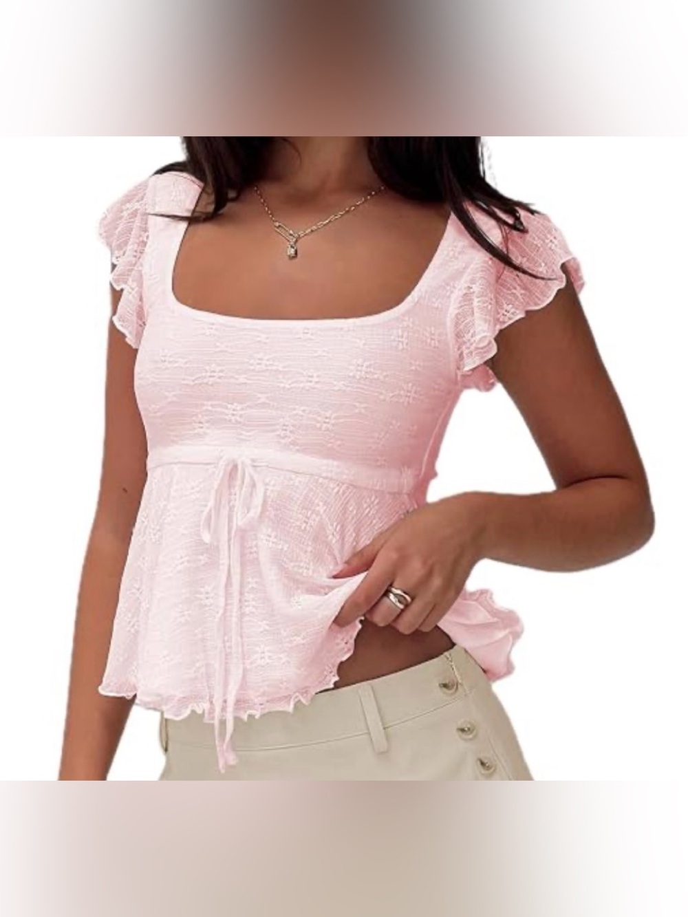 Soft Pink Lace Tie-Waist Peplum Top